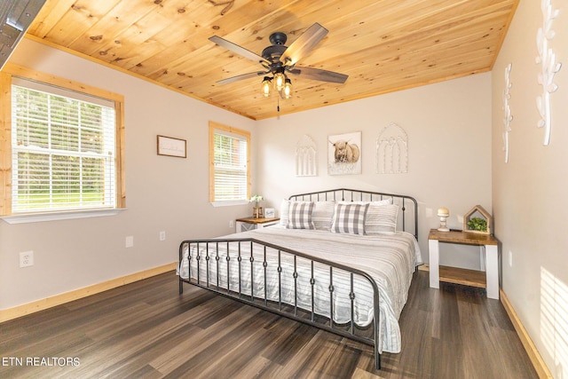 bedroom with multiple windows, ceiling fan, dark hardwood / wood-style flooring, and wooden ceiling