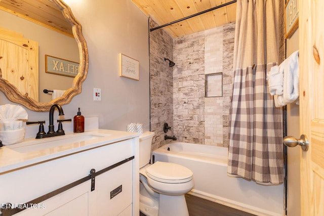 full bathroom featuring vanity, wooden ceiling, hardwood / wood-style flooring, toilet, and shower / tub combo with curtain