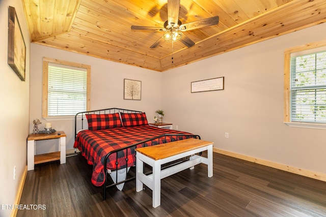 bedroom featuring dark hardwood / wood-style flooring, ceiling fan, and wood ceiling