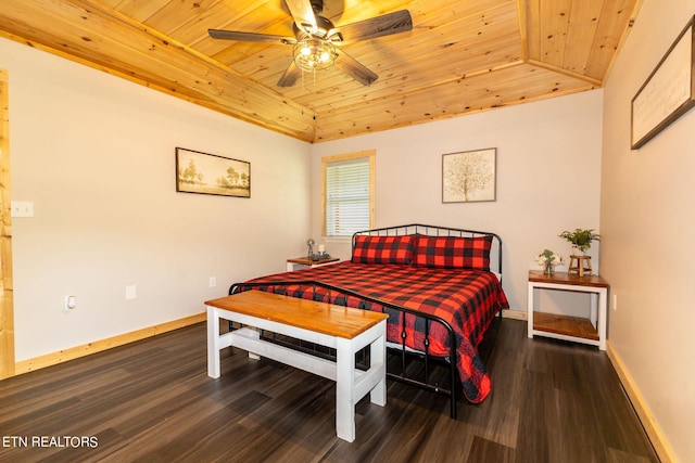 bedroom with ceiling fan, dark wood-type flooring, wood ceiling, and lofted ceiling