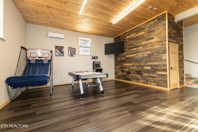 game room with a wall mounted AC, dark wood-type flooring, wooden ceiling, and pool table