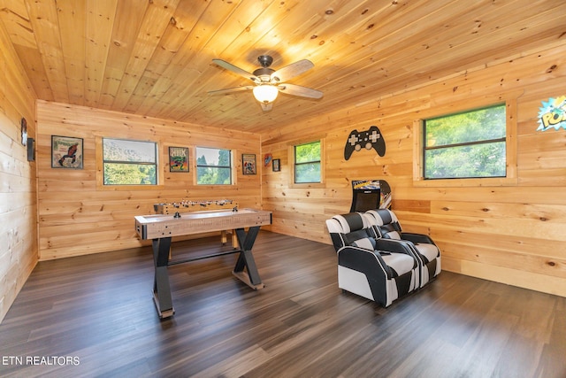 recreation room with ceiling fan, dark wood-type flooring, and wood ceiling