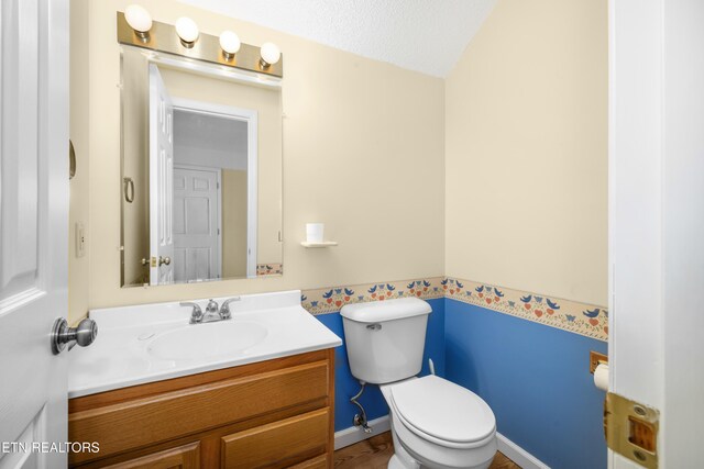 bathroom with vanity, a textured ceiling, and toilet