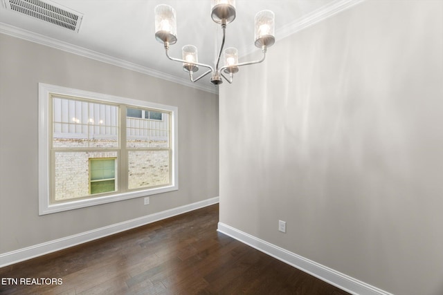 unfurnished dining area with crown molding, a notable chandelier, and dark hardwood / wood-style flooring