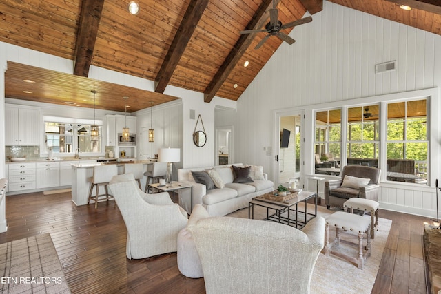 living room featuring dark hardwood / wood-style flooring, wood ceiling, ceiling fan, high vaulted ceiling, and beamed ceiling