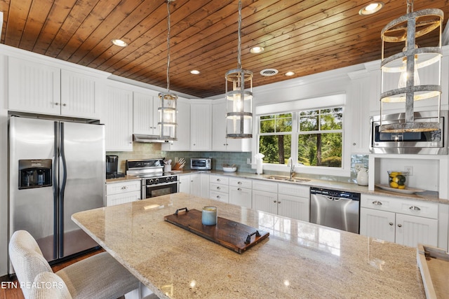 kitchen featuring white cabinets, appliances with stainless steel finishes, and wooden ceiling