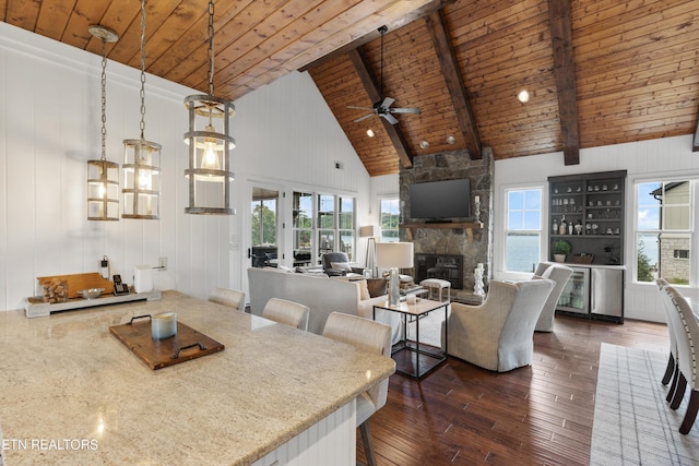 kitchen with decorative light fixtures, beam ceiling, wooden ceiling, and dark hardwood / wood-style floors