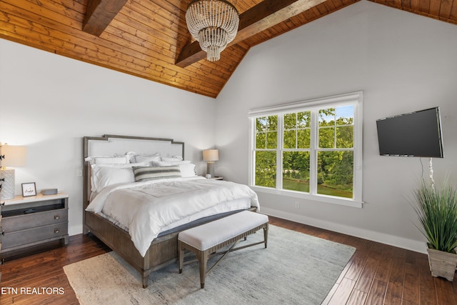 bedroom featuring dark wood-type flooring, high vaulted ceiling, an inviting chandelier, beamed ceiling, and wood ceiling