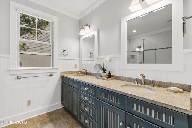 bathroom featuring vanity, walk in shower, and crown molding