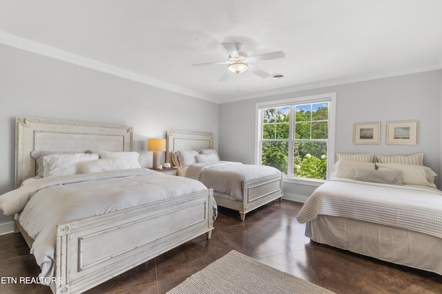 bedroom with ceiling fan and ornamental molding