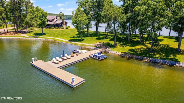 dock area with a yard and a water view