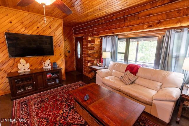 living room featuring ceiling fan, wooden ceiling, and wood walls