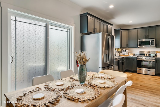 kitchen featuring appliances with stainless steel finishes, light hardwood / wood-style floors, and gray cabinetry