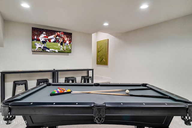 rec room featuring pool table and carpet floors