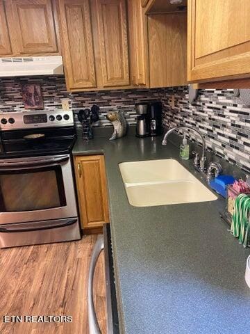 kitchen featuring decorative backsplash, sink, stainless steel range with electric cooktop, and exhaust hood