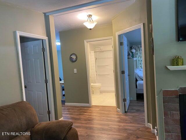 hallway featuring hardwood / wood-style flooring and crown molding