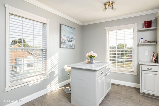 interior space with crown molding, a wealth of natural light, and light hardwood / wood-style flooring