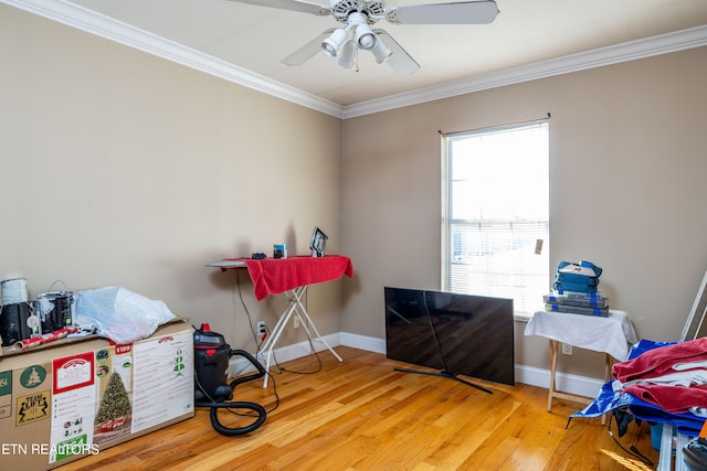 miscellaneous room featuring light wood-type flooring, ceiling fan, and ornamental molding