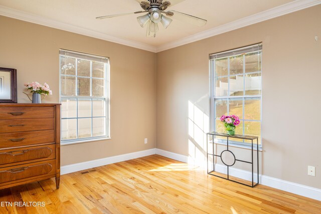 interior space with ceiling fan, light hardwood / wood-style floors, and crown molding