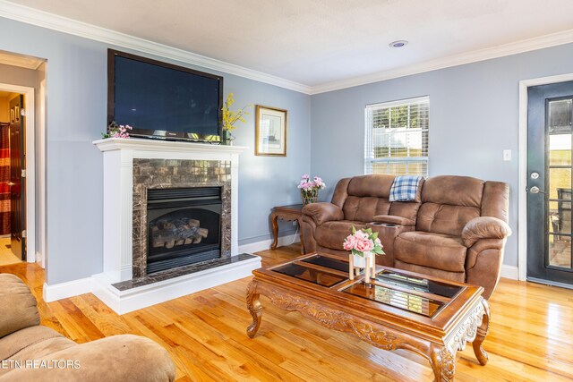 living room with ornamental molding and light hardwood / wood-style floors