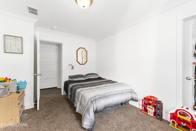 carpeted bedroom featuring crown molding