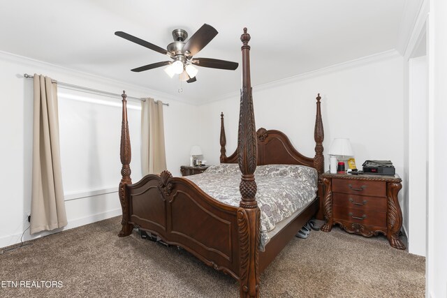 carpeted bedroom featuring ceiling fan and ornamental molding