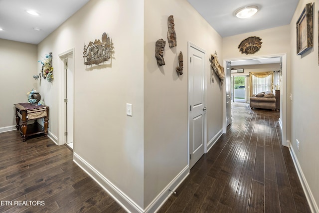 hallway with dark hardwood / wood-style flooring