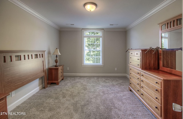 unfurnished bedroom featuring crown molding and light carpet