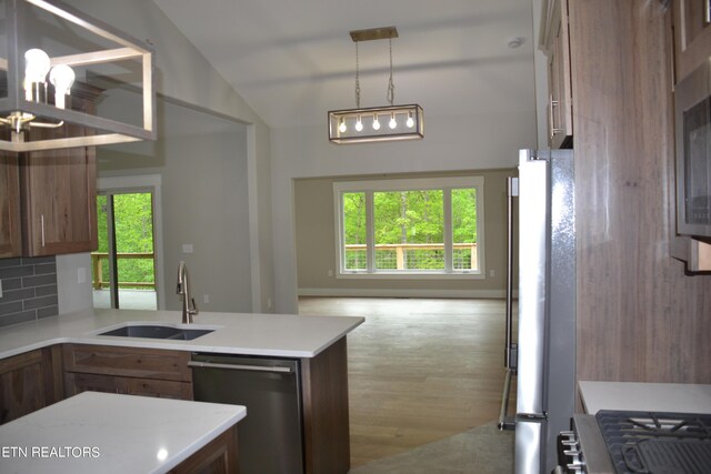 kitchen featuring a wealth of natural light, stainless steel appliances, vaulted ceiling, and light wood-type flooring