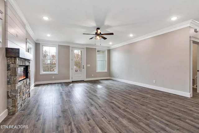 13 Norwich Ter, Fairfield Glade, TN 38558 - unfurnished living room with a ceiling fan, crown molding, a fireplace, dark wood-type flooring, and recessed lighting