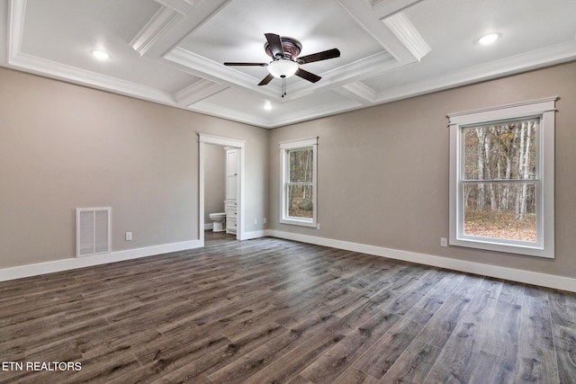 unfurnished bedroom with ensuite bath, dark hardwood / wood-style floors, coffered ceiling, beamed ceiling, and ceiling fan