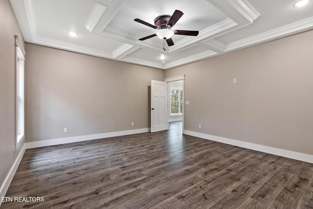 13 Norwich Ter, Fairfield Glade, TN 38558 - empty room featuring crown molding, coffered ceiling, a ceiling fan, dark wood-style floors, and beam ceiling