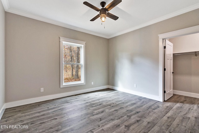 unfurnished bedroom featuring a closet, a spacious closet, crown molding, dark wood-type flooring, and ceiling fan