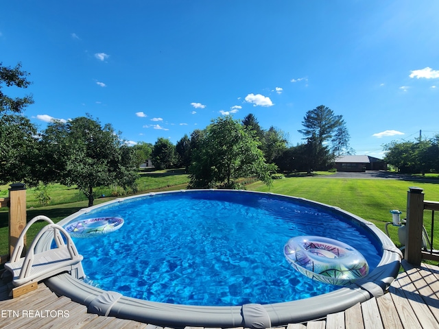 view of pool with a deck and a yard