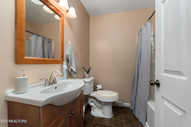 full bathroom featuring toilet, shower / bathtub combination with curtain, and vanity