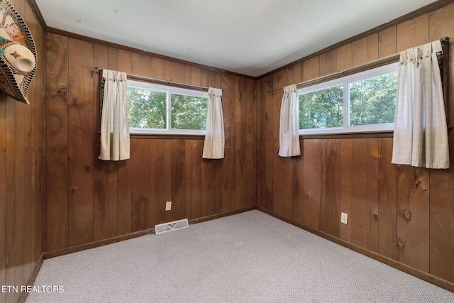 carpeted spare room featuring a wealth of natural light, ornamental molding, and wooden walls