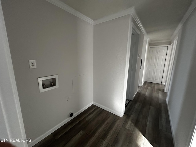 washroom with electric dryer hookup, hookup for a washing machine, dark hardwood / wood-style floors, and ornamental molding