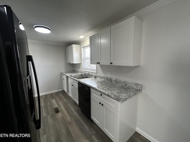 kitchen with fridge with ice dispenser, white cabinetry, dishwasher, and dark wood-type flooring