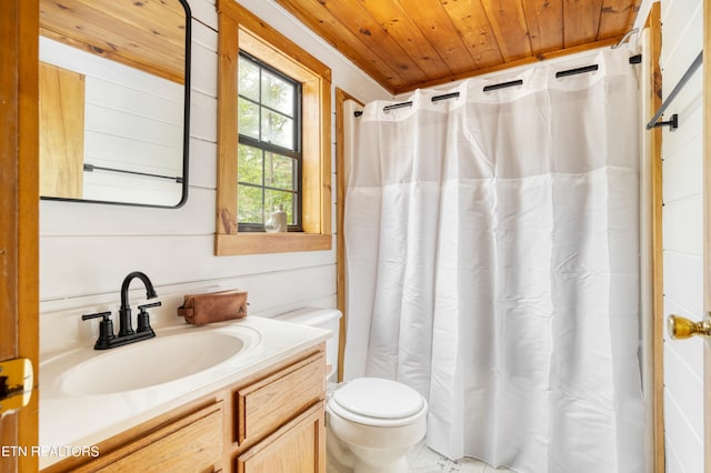 bathroom featuring wooden ceiling, walk in shower, wood walls, toilet, and vanity