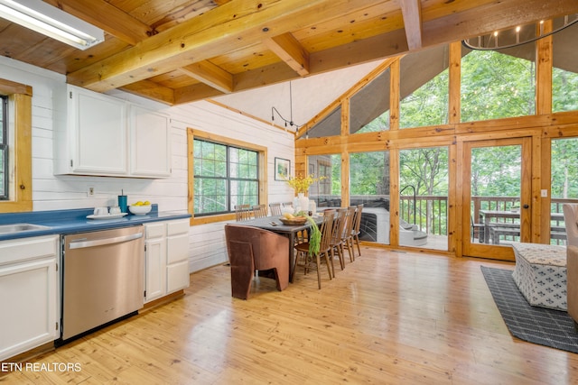 kitchen with white cabinets, dishwasher, wood ceiling, and light hardwood / wood-style flooring