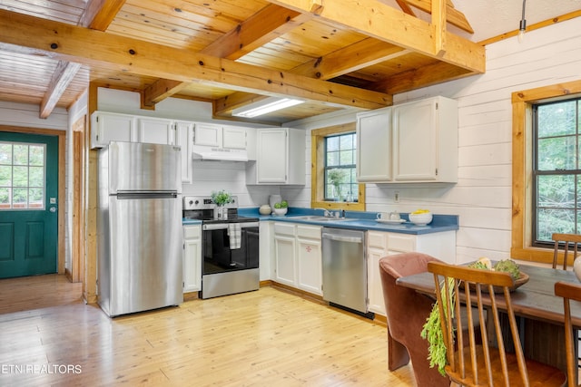 kitchen with wood walls, white cabinets, appliances with stainless steel finishes, beamed ceiling, and light hardwood / wood-style floors