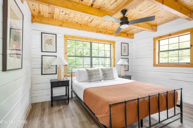 bedroom featuring wooden ceiling, wooden walls, ceiling fan, beamed ceiling, and wood-type flooring