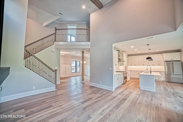 kitchen featuring white cabinetry, sink, pendant lighting, high quality appliances, and a center island with sink