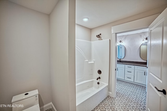 full bathroom featuring vanity, shower / bath combination, and toilet