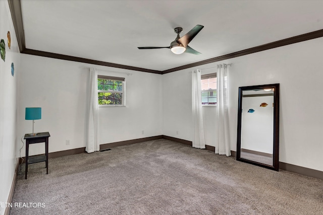 unfurnished room with ceiling fan, crown molding, and carpet floors