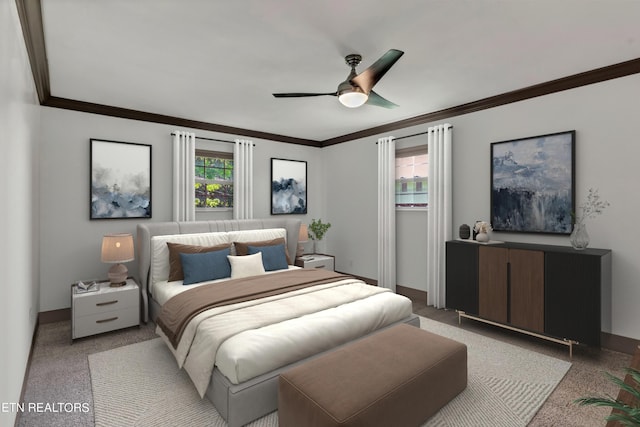 bedroom featuring light carpet, ceiling fan, and ornamental molding