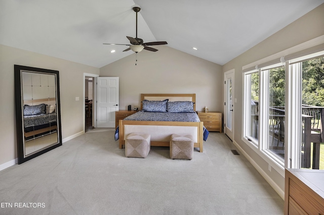 bedroom with visible vents, baseboards, lofted ceiling, ceiling fan, and light carpet