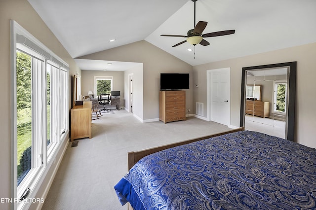 carpeted bedroom with visible vents, baseboards, ceiling fan, lofted ceiling, and recessed lighting