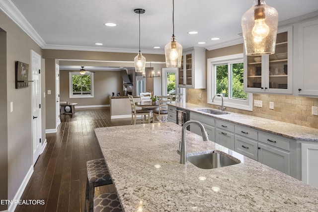 kitchen with dark wood-type flooring, ornamental molding, tasteful backsplash, and a sink