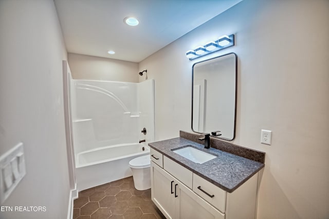 full bathroom featuring shower / tub combination, toilet, tile patterned flooring, recessed lighting, and vanity